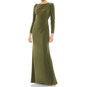 Mac Duggal Draped Bateau Long Sleeve Gown in Olive – NWT Size 16